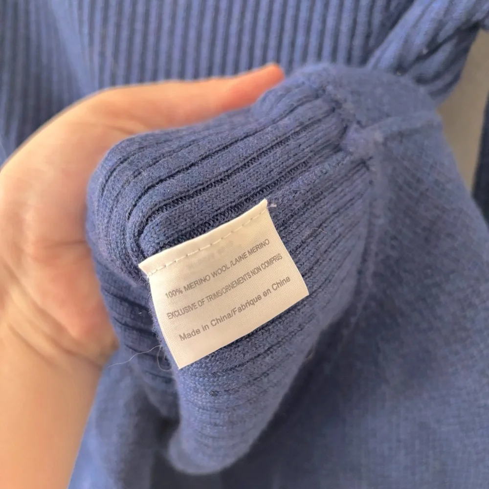 Tory Burch Ramona Merino Wool Peplum‎ Ribbed Sweater Wide Neck Large Blue EUC